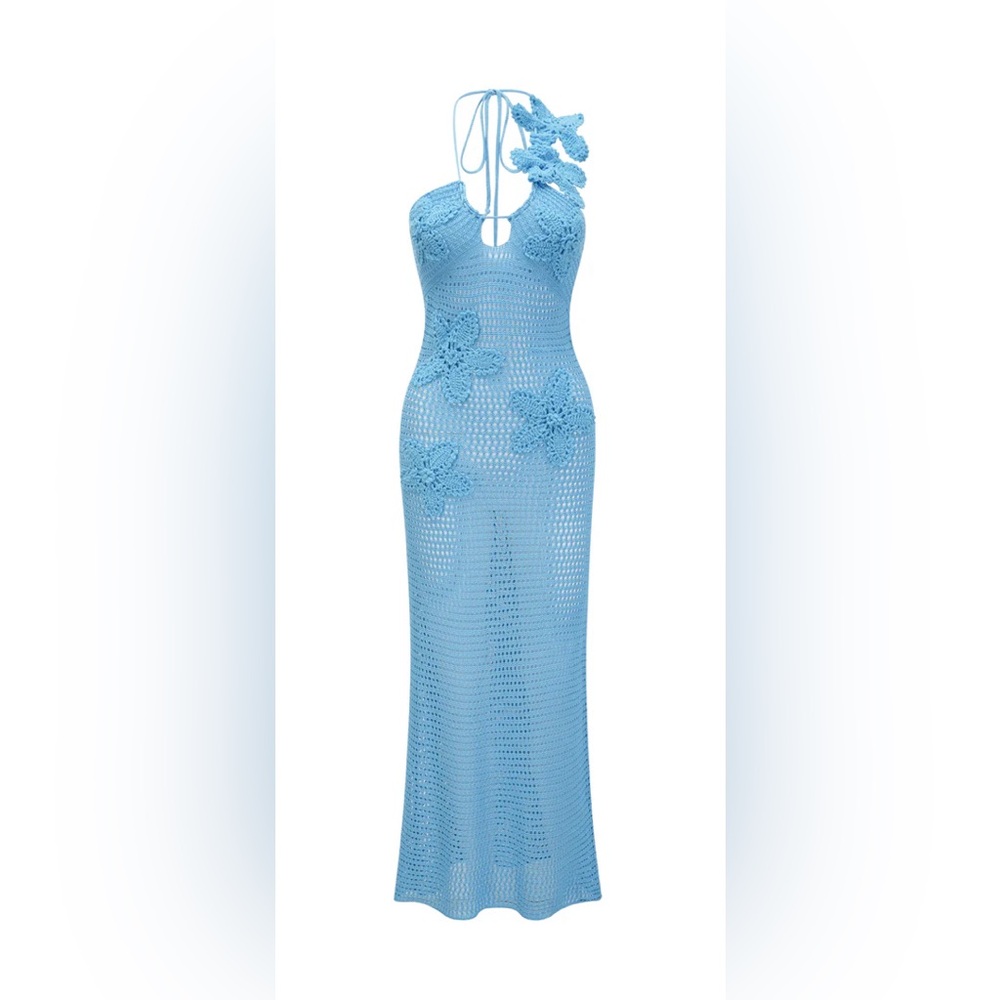 Blue Crochet Maxi Dress with Floral Details